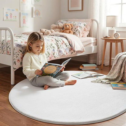 Amearea White Round Area Rugs 5ft Washable Circle Rugs for Bedroom Living Room, Fluffy Indoor Thickened Memory Foam Rug, Non Slip Minimalist Circular Carpet for Kids Boys Girls Dorm Nursery Room Decor