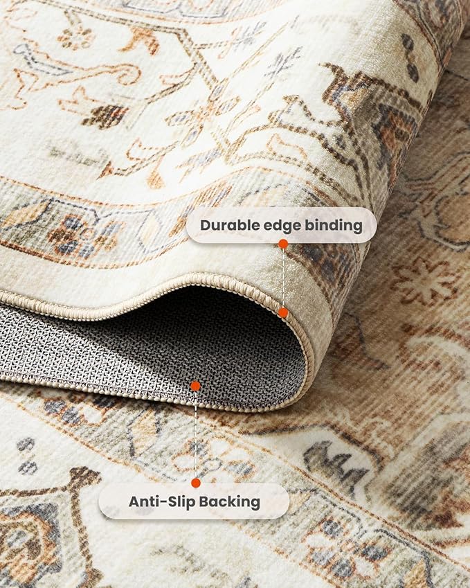 AMADA HOMEFURNISHING Round 6ft Area Rugs, Low-Profile Washable Rug with Non-Slip Backing & Durable Edge Binding, Vintage Rugs for Living Room, Bedroom, Dinning Room
