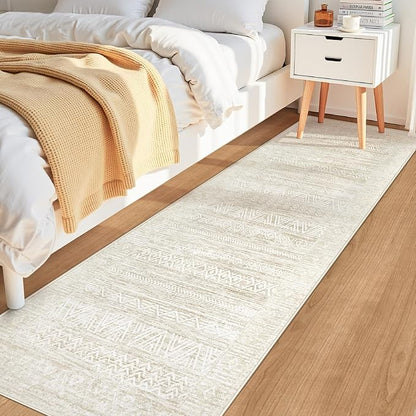 2x8 Washable Runner Rug: Moroccan Geometric Boho Rug Farmhouse Non Slip Stain Resistant Rugs Low Pile Soft Carpet for Porch Kitchen Laundry Room Living Room Bedroom (Ivory Beige,2'x8')