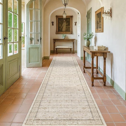 Beige Floral 3X12 Washable Long Hallway Runner Rug, Non-Slip Low-Pile Farmhouse Kitchen Rug, Neutral Vintage Distressed Oriental Carpet, Non-Shedding, Stain & Fade Resistant Home Décor