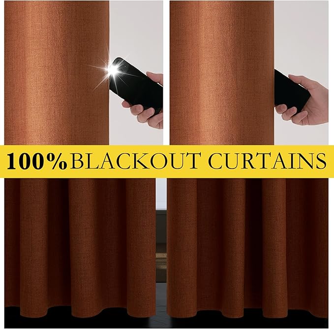 NICETOWN 100% Absolutely Blackout Linen Curtains with Thermal Insulated Liner, Terracotta, 52" Wide, 2 Panels, 90 inches Long Drapes, Grommet Retro Linen Curtains Vertical Drapes Privacy for Bedroom