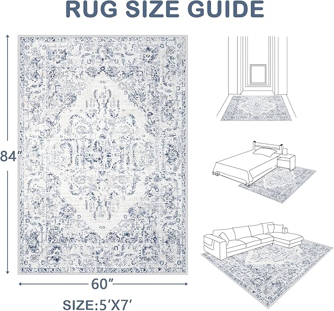 5x7 Area Rugs for Living Room: Washable Rug Vintage Large Rugs Soft Non Slip Low Pile Rug Floral Distressed Floor Carpet for Bedroom Kitchen Nursery Dining Room Home Office (Blue, 5'x7')