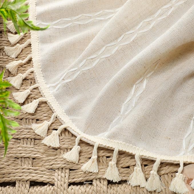 Boho Blackout Curtains 96 Inches Long Beige Linen Blend 2 Panels with Tassels and Cotton Embroidery, Farmhouse Vintage Rustic Rod Pocket Drapes for Living Room or Bedroom