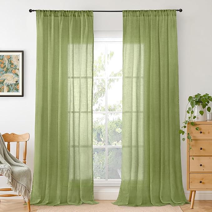 BGment Olive Green Linen Curtains for Living Room 84 Inch Length- Light Filtering Window Drapes Rod Pocket Natural Textured for Bedroom Lightweight Rustic Spring Decor, 2 Panels Set, 52 X 84 Inch