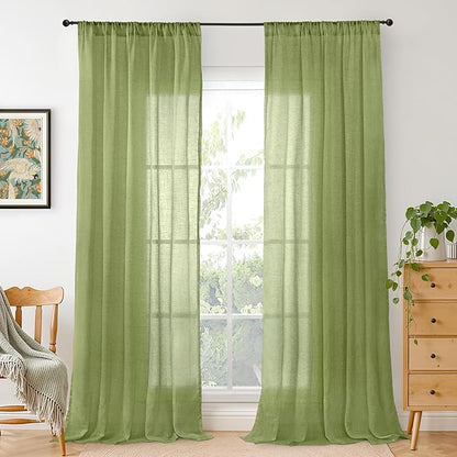 BGment Olive Green Linen Curtains for Living Room 84 Inch Length- Light Filtering Window Drapes Rod Pocket Natural Textured for Bedroom Lightweight Rustic Spring Decor, 2 Panels Set, 52 X 84 Inch