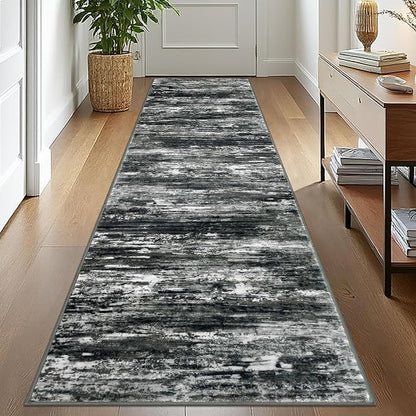 KOZYFLY Modern Abstract Washable Rug Runner 2.6x10 Hallway Rug Runner Non-Slip Soft Kitchen Runner Rugs, Black Grey Striped Carpet for Entryway Bathroom Laundry Room Foyer