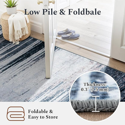 Rugflix 9x12 Large Area Rug, Washable Rug for Living Room, Non Slip, Soft Low Pile, Modern Abstract Blue Grey Indoor Carpet for Bedroom, Dining Room, Home Office, Large Room