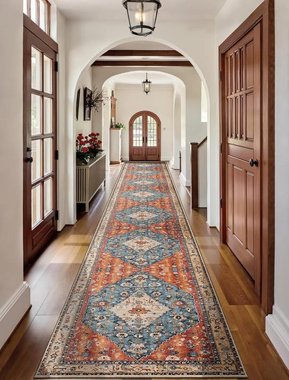 SERISSA Runner Rug for Hallways, 2'6"x18' Washable Non Slip Kitchen Runner Rug, Extra Long Boho Rug Ultra Soft Vintage Tribal Print Floor Carpet for Hallway Living Room Dining Room Bedroom