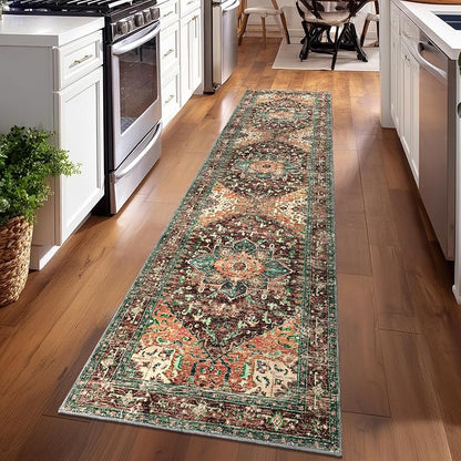 Yamaziot Washable Runner Rug, 2x8 Non-Slip Boho Vintage Hallway Rug Runner with Rubber Backing, Stain Resistant & Low Pile Faux Wool Distressed Carpet Runner for Bedroom, Kitchen, Laundry, Entrance