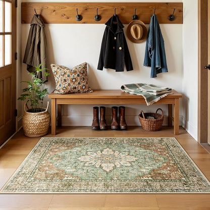 RELEANY Area Rugs 3'x5' Washable Non-Slip, Floral Vintage Distress Print Pattern Medallion Carpet for Living Room Bedroom Dining Room, Brick Red Rust Neutral Brown Burnt Orange Green