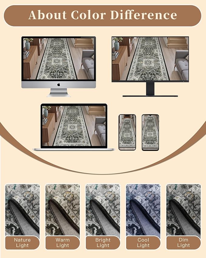 Madane Hallway Washable Runner Rug 2x10, Vintage Kitchen Rugs Soft Entryway Rug Runner Non Slip Indoor Floor Carpet for Bathroom Living Room Bedroom, Grey Green/Black Olive