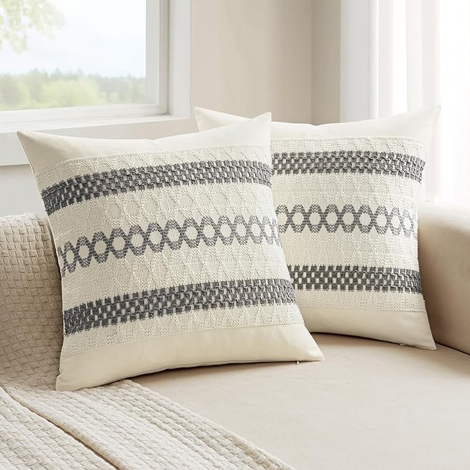 MIULEE Set of 2 Gray Boho Decorative Pillow Covers 18x18 Inch Farmhouse Rustic Couch Throw Pillows Modern Spring Cotton Cushion Covers Retro Cute Macrame Woven Home Decor for Bed Sofa Chair