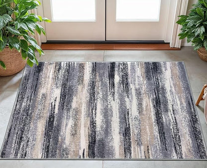 Lansny Modern Abstract Small Area Rug Indoor 3x5 Washable Rug Non-Slip Soft Entryway Rug Grey Black Multi Kitchen Mats Thin Print Faux Wool Floor Carpet Throw Rugs for Entrance Bedroom Home Decor