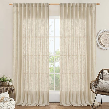 LAMIT Extra Wide Linen Curtains for Bedroom, Light Filtering Faux Linen Textured Panels Semi Sheer Back Tab and Rod Pocket Boho Drapes for Living Room, 2 Panels, Linen, 70 x 84 Inch