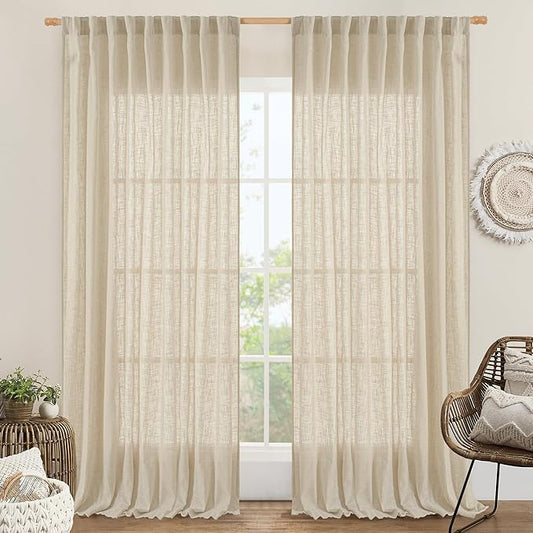 LAMIT Extra Wide Linen Curtains for Bedroom, Light Filtering Faux Linen Textured Panels Semi Sheer Back Tab and Rod Pocket Boho Drapes for Living Room, 2 Panels, Linen, 70 x 84 Inch