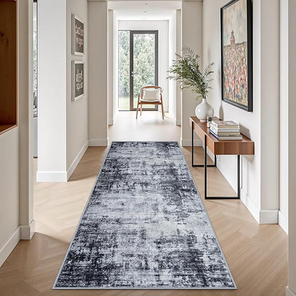 2.6'x8' Runner Rug Washable Rug;Modern Abstract Soft Thin Runner Rug Dark-Black