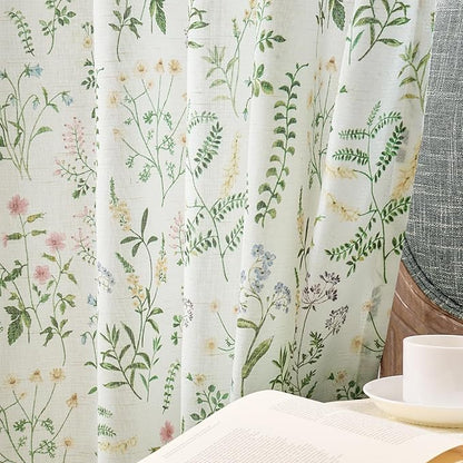 jinchan Floral Linen Blend Curtains for Living Room 63 Inch Length French Country Farmhouse Printed Curtains Sage Green on White Rod Pocket Back Tab Light Filtering Window Drapes 2 Panels