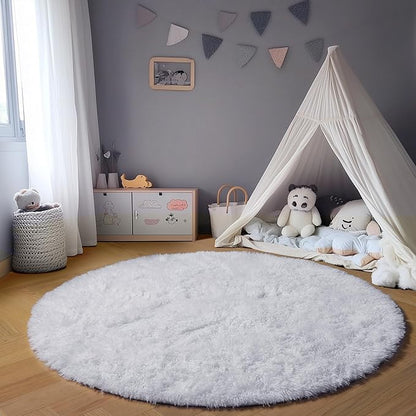 ONASAR White Round Rugs 6ft for Living Room Bedroom, Fluffy Circle Area Rug for Kids Girls Boys Teen, Soft Plush Shaggy Carpet for Nursery Dorm Classroom Playroom Home Decor Aesthetic