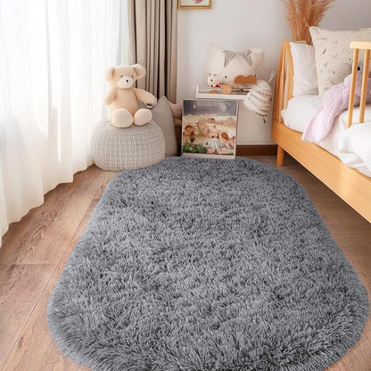 Pionblank Fluffy Oval Area Rug for Bedroom 3.3x6.2 Feet, Cute Plush Throw Rugs for Bedside, Ultra Soft Shag Carpet for Living Room Kids Room Nursery Teens Dorm Home Decor, Grey