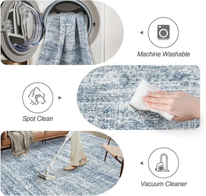 9x12 Area Rugs for Living Room, Non Slip Machine Washable Vintage Rugs, Low Pile Lightweight Large Rug for Bedroom, Dining Room, Home Office Blue