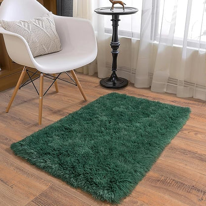 Soft Runner Rugs for Bedroom Hallways New Upgraded Non-Slip Bottom, 2x3 Green Fluffy Shag Throw Area Rug for Bedside Dorm, Long Shaggy Furry Carpet for Nursery Living Room
