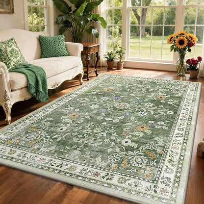 Yamaziot Washable Area Rug 5x7 – Non-Slip Boho Floral Living Room Rug with Rubber Backing, Low Pile Distressed Carpet for Bedroom, Living Room, Dining Room, Green