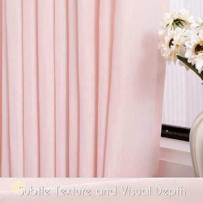 Pink Linen Curtains 90 Inch Long Back Tab Rod Pocket Window Treatment Curtain Panels for Girls Bedroom Semi Sheer Light Filtering Farmhouse Rustic Boho Elegant Drapes 52 x 90 Inch