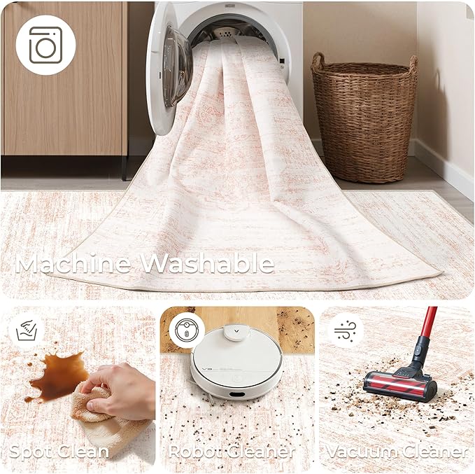 2x8 Runner Rug, Washable Runners for Hallways wirh Rubber Backing, Stain Resistant Kitchen Rug, Soft Thin Carpet Runner for Entrance, Bedroom, Living Room Indoor(2'x8', Pink/White)