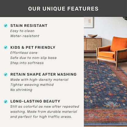 Washable 8 ft Long Runner for Kitchen Floor - Navy Blue Hallway Runner Rug, Pet Friendly Waterproof Non Slip with Rubber Backing, Stain Resistant Laundry Room Rug (2'6"x8' Navy Blue & Terracotta)
