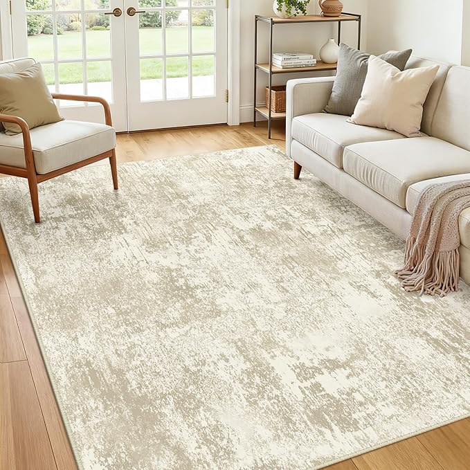 Washable Area Rugs 6'x9' Non-Slip Modern Abstract Soft for Living Room Entryway Bedroom Nursery, Print Pattern, Beige Cream Brown