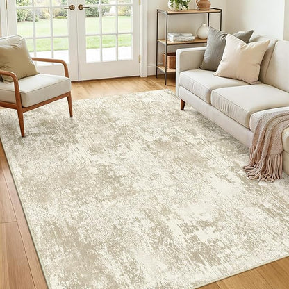 Washable Area Rugs 9'x12' Non-Slip Modern Abstract Soft for Living Room Entryway Bedroom Nursery, Print Pattern, Beige Cream Brown