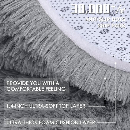 OLANLY Light Grey Round Rugs for Bedroom - Machine Washable, 5 ft Circle Area Rugs for Living Room, Soft and Fluffy Shaggy Carpet for Teen Girls and Boys, Nursery Rooms, Dorms, Home Decor Aesthetic