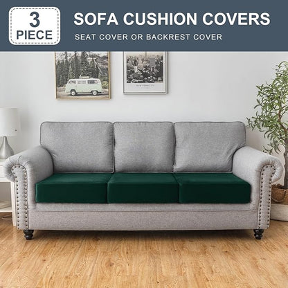 Couch Cover Stretch Velvet Sofa Cushion Cover 3-Piece - Elastic Washable Slipcover for Seat or Backrest, Couch Seat Covers for Sofas (Christmas Green)