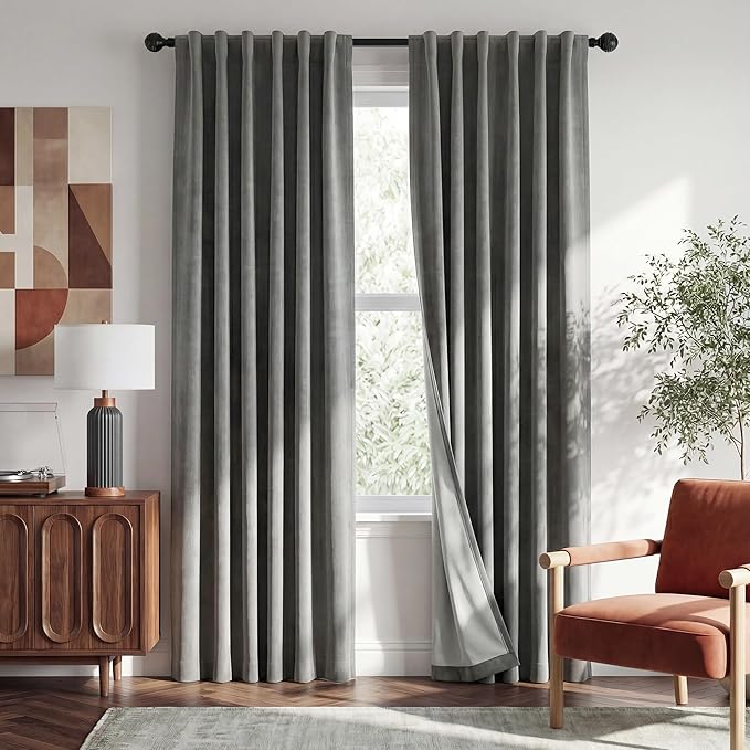 RYB HOME 100% Blackout Linen Textured Curtains 108 inches Long, Thermal Insulating Privacy Energy Saving for Bedroom Living Room Window Office Theater Baby Nursery, W 52 x L 108 in, Grey, 2 Panels