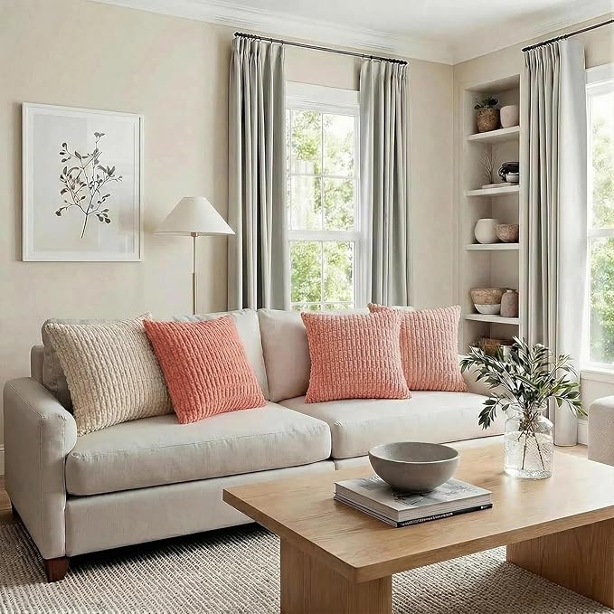 Fancy Homi 4 Packs Blush Pink Decorative Throw Pillow Covers 18x18 Inch for Living Room Couch Bed Sofa, Soft Plush Striped Corduroy Square Light Pink Coral Peach Cream Colorful Cushion Case 45x45 cm