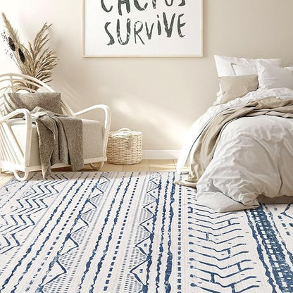 Nakagishi 5x7 Area Rug Living Room: Machine Washable Boho Large Neutral Farmhouse Stain Resistant Indoor Floor Rugs Moroccan Carpet for Bedroom Nursery Dorm Classroom Playroom Dining Room- Navy Blue