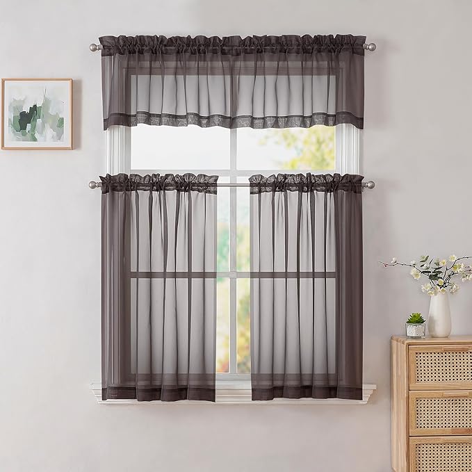 Simplebrand Chocolate Valances 14 Inches Long for Living Room Pocket 2 Panel Light Filtering Sheer Translucent Valence Toppers for Short Window Kitchen Bathroom Bedroom 42x14 Inch Length