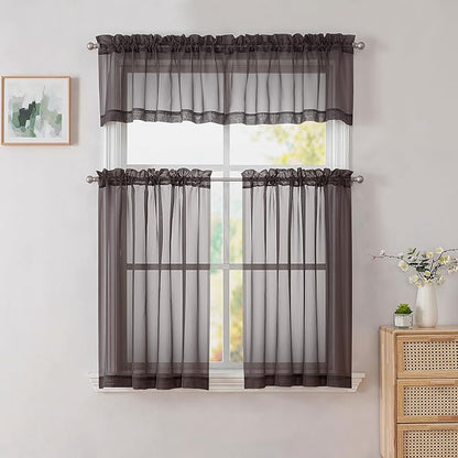 Simplebrand Chocolate Valances 14 Inches Long for Living Room Pocket 2 Panel Light Filtering Sheer Translucent Valence Toppers for Short Window Kitchen Bathroom Bedroom 42x14 Inch Length