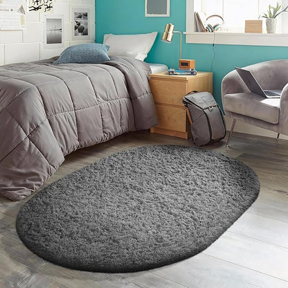 Ophanie 3x5 Oval Rug, Bedside Preppy Dorm Area Rug, College Essentials Non Slip Grey Small Carpets for Bedroom, Anti Slip Fluffy Gray Living Room Rugs Home Decor Aesthetic, Nursery