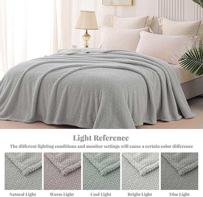 Whale Flotilla King Size Fuzzy Fleece Blanket for Bed, 90x104 Inch Fluffy Warm Soft Jacquard Blankets for All Season, Lightweight and Cozy, Light Grey