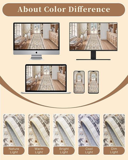 Madane Hallway Runner Rug 2x12, Extra Long Washable Runner Rugs with Rubber Backing, Non Slip Carpet Runner, Vintage Rug Runners for Kitchen Laundry Room Entryway (Brown/Gold, 2'x12')