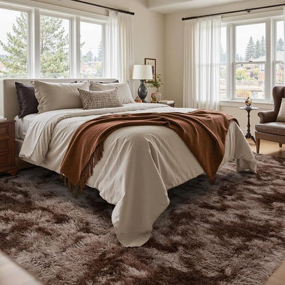 5x7 Ft Shag Brown Area Rug for Bedroom Living Room, Tie-Dyed Ultra Soft Fluffy Furry Rugs for Indoor Floor, Aesthetic Carpet for Kids Home Decor (Coffee)