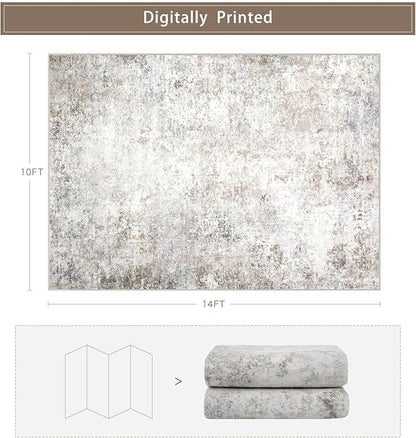 Srugn Washable Rugs 10x14 Area Rugs for Living Room,Modern Abstract Rugs for Bedroom,Large Carpets,Ultra Soft Faux Wool Retro Dining Room Rug,Non Slip&Non-Shedding Low Pile Print Rug- Beige Grey