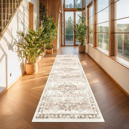 Beige Washable 2'6"x10' Extra Long Runner Rugs for Hallways, Non Slip Indoor Floor Mats for Entryway, Stain Resistant Long Floor Rug, Neutral Boho Floral Decor (2'6"x10' Beige/Latte)