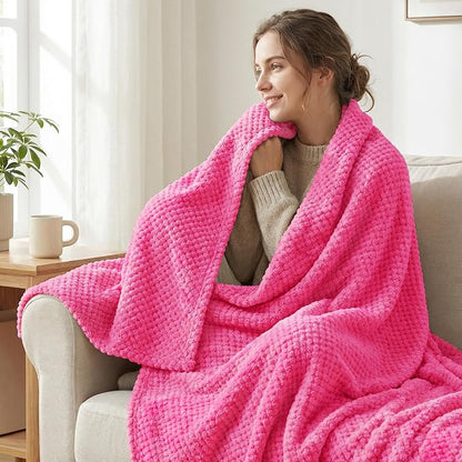 Exclusivo Mezcla Fleece Bed Blanket Twin Size, Super Soft and Warm Blankets for Couch, Sofa and Bed Waffle Textured, Cozy, Fuzzy and Lightweight (Hot Pink, 90x66 Inches)