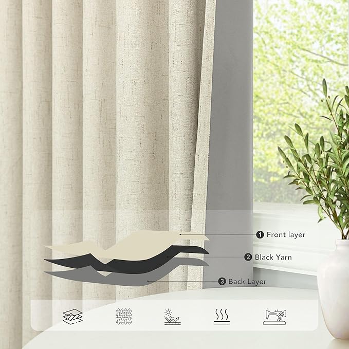 Pitalk Black Out 96 Inch Long Boho Curtains 2 Panel Set Farmhouse Curtain for Living Room Darkening Thermal Noise Reduction Textured Faux Linen Drape 8ft Back Tab Pocket Cream Beige 52x96 Floor Length