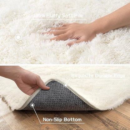 Pionblank Fluffy Area Rug for Bedroom 4x6 Feet, Indoor Plush Carpet, Shag Soft Bedside Rug, Cute Comfy Furry Rug for Living Room Dorm Girls Boys Room Nursery Decor, Cream White