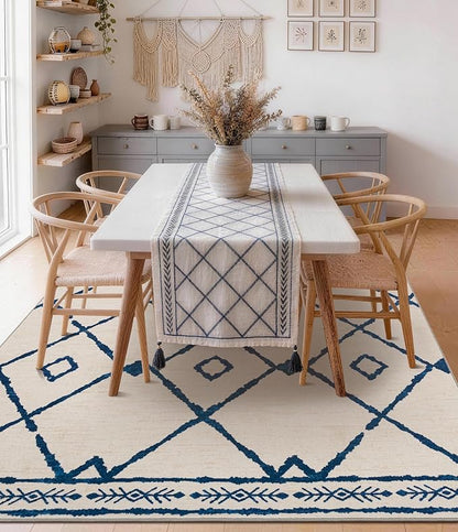 YIHOUSE Boho Rugs for Living Room, 8x10 Western Beige and Blue Area Rug, Moroccan Geometric Soft Low-Pile Washable Rugs for Bedroom, Dining Room