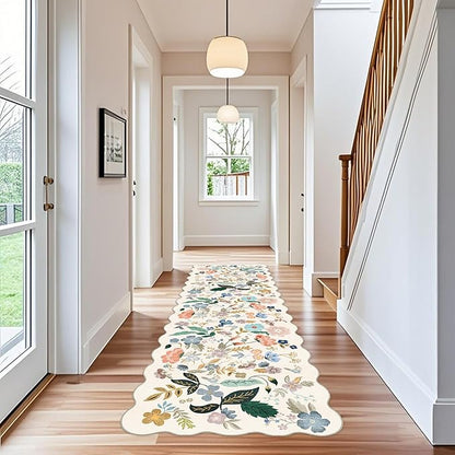 3x10 Washable Hallway Runner Rug: Long Floral Scalloped Soft Runners for Kitchen Entryway Non Slip Bathroom Nursery Floor Mat 10ft Water Resistant Low Pile Carpet for Living Room Bedroom(3x10,Cream)