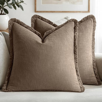 MIULEE Decorative Throw Pillow Covers Neutral Linen Fringe Throw Pillows Set of 2 Cocoa Brown Boho Farmhouse Cushion Covers for Couch Sofa Bed Living Room Spring Home Decor 20x20 Inch